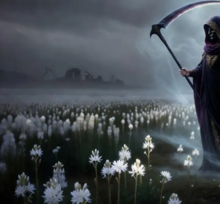Thanatos aranymaszkjában kaszájával